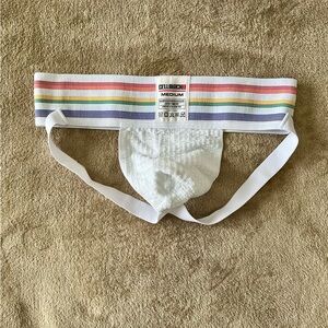 CellBlock 13 White Jockstrap with Rainbow Stripe Waistband - Medium
